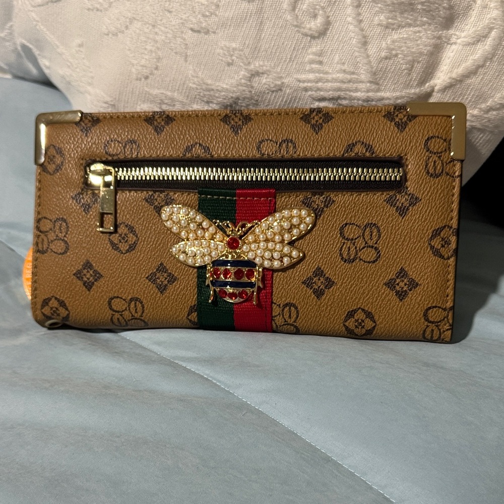 Brown Monogram Clutch with Bee Embellishment